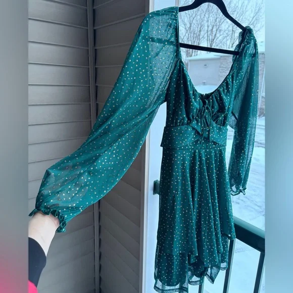 🆕 ✨ Midnight Doll Green Gold Dotted Mini Dress M Tie Party Holiday Chic Size M - Picture 9 of 15